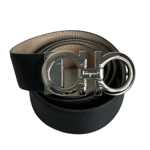 Salvatore Ferragamo Gancini Embossed Black Leather Belt